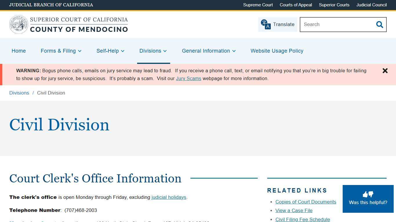 Civil Division Superior Court of California County of Mendocino