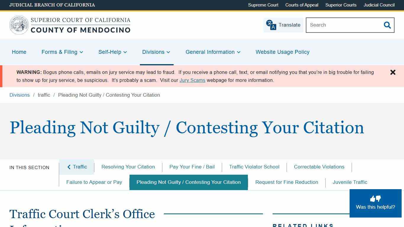 Pleading Not Guilty / Contesting Your Citation Superior Court of California County of Mendocino