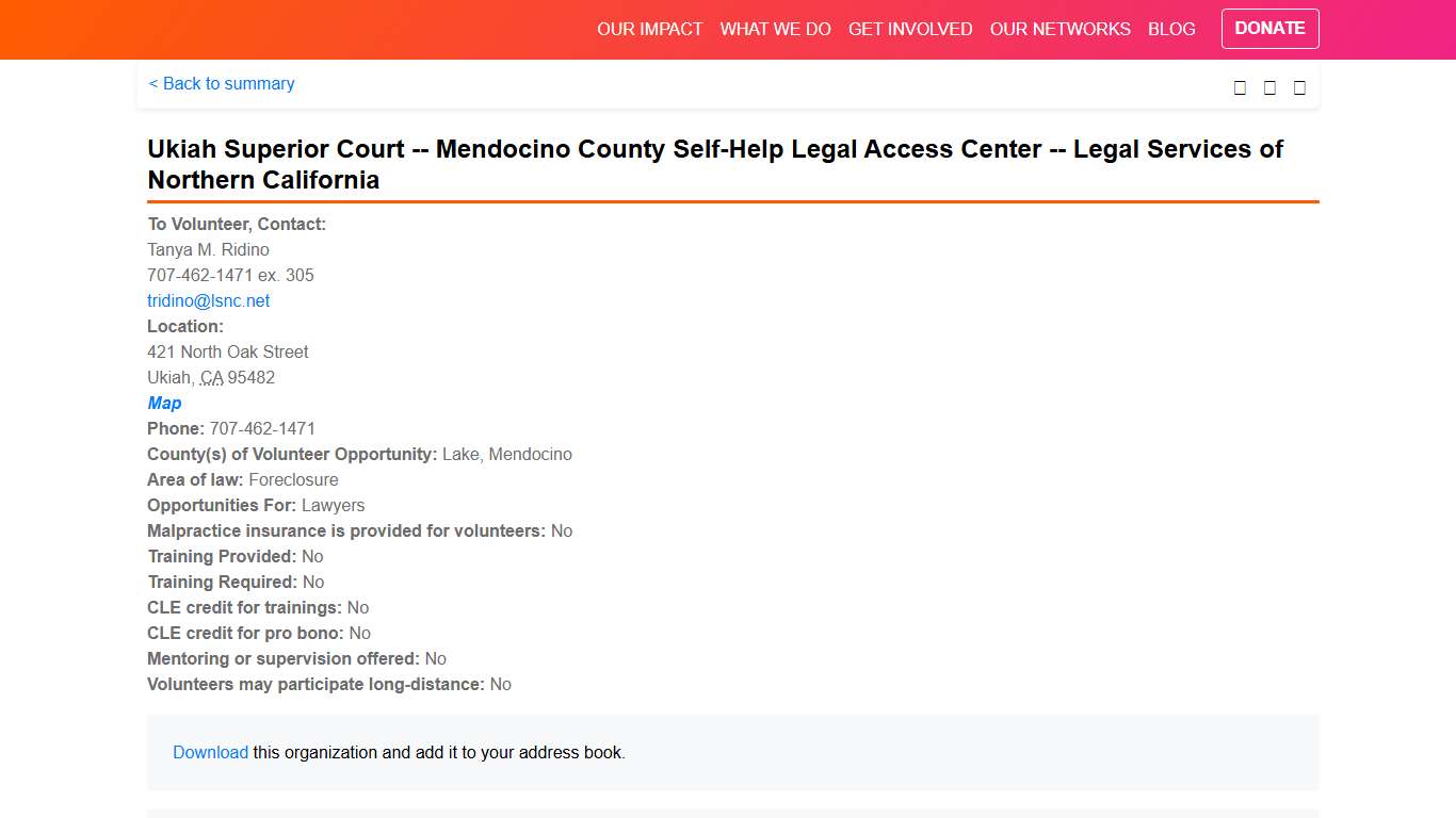 Ukiah Superior Court -- Mendocino County Self-Help Legal Access Center -- Legal Services of Northern California - National Pro Bono Opportunities Guide - Pro Bono Net